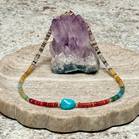 Artisan Jewelry - Gold-Filled Shell Heishi Minimalist Necklace With Turquoise Accent